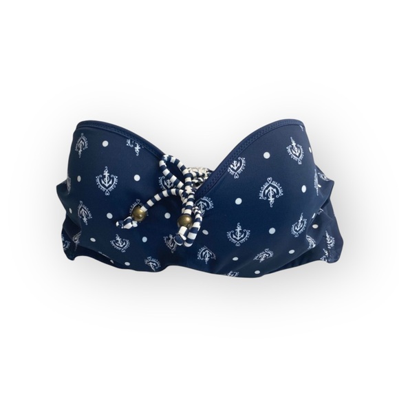 Timeout ᯾ Nautical Print Bandeau Bikini Top ᯾ Navy White Anchors + Stripes ᯾ L - Picture 9 of 16